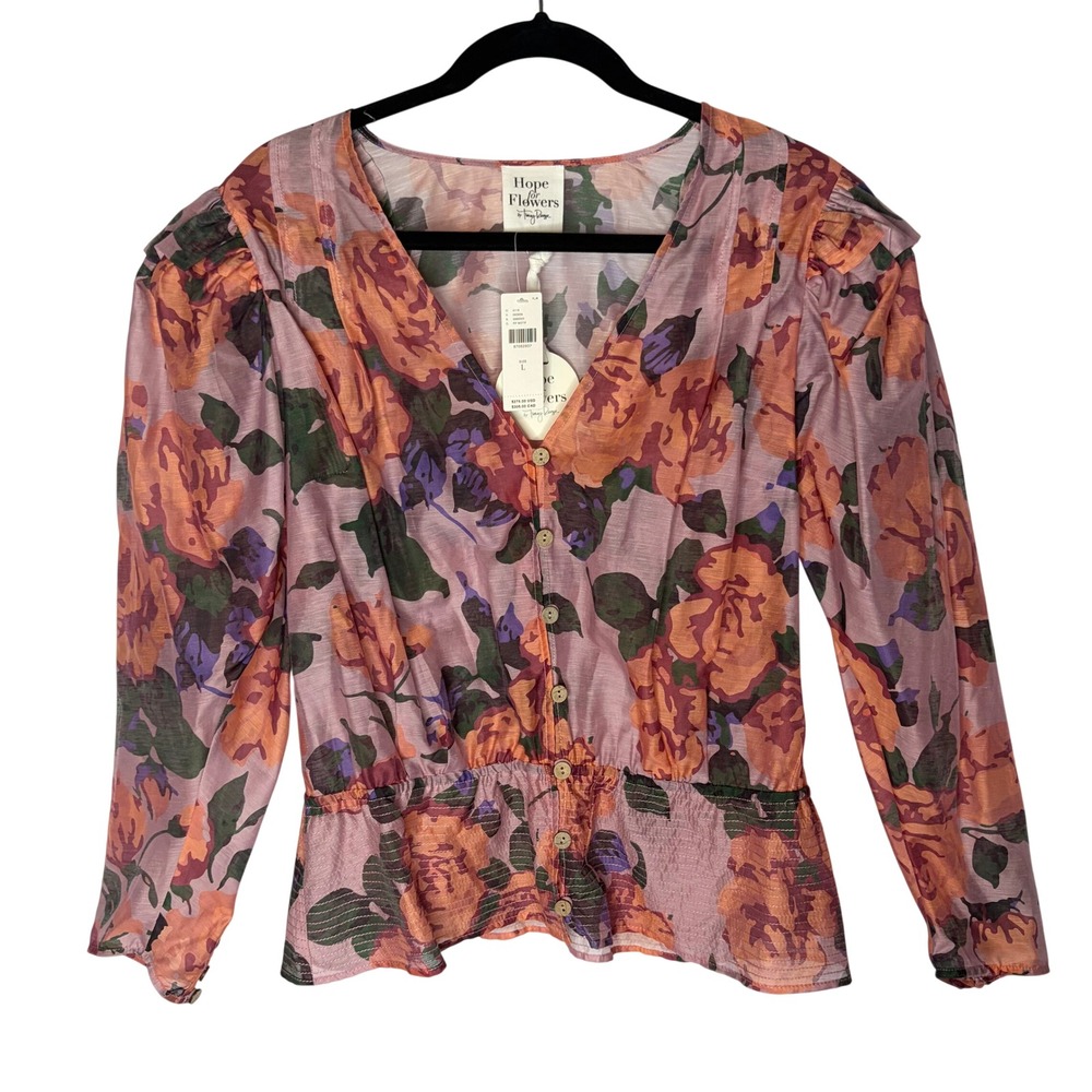 Hope for Flowers Tracy Reese Blouse Large Boho Floral Smocked Peplum N62E22 NWT
